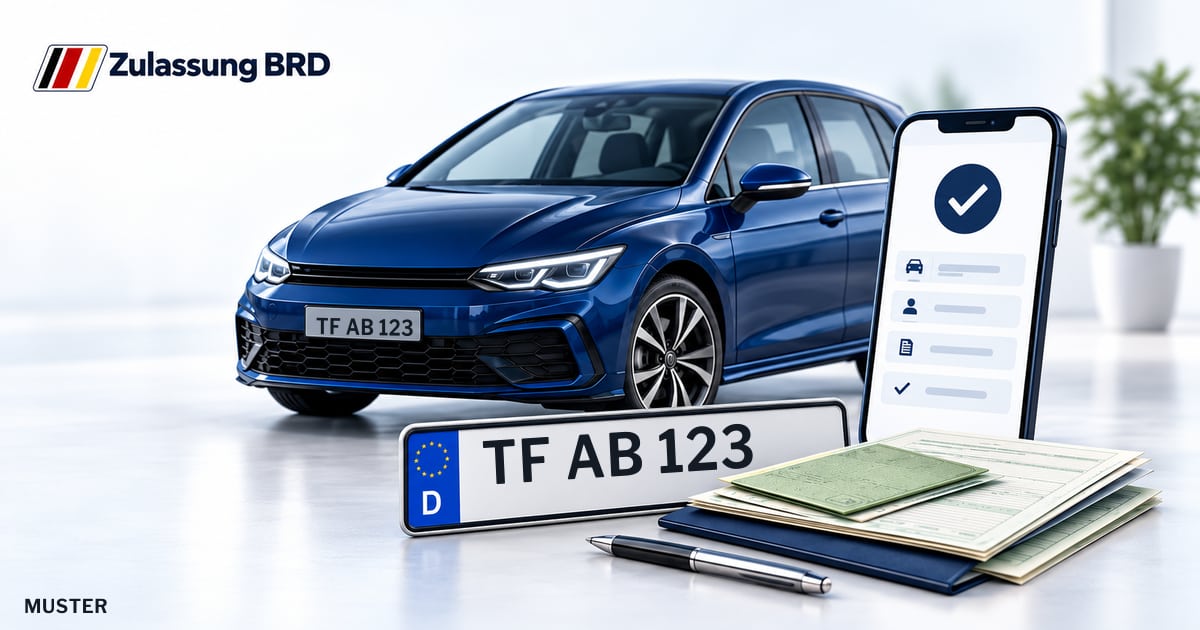 Online Fahrzeugzulassung in Zossen: Musterkennzeichen TF AB 123, Auto und Fahrzeugpapiere und Smartphone. Illustration mit Logo von Zulassung BRD.